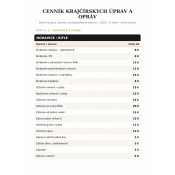 Cenník opravy odevov