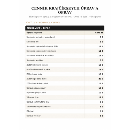 Cenník opravy odevov